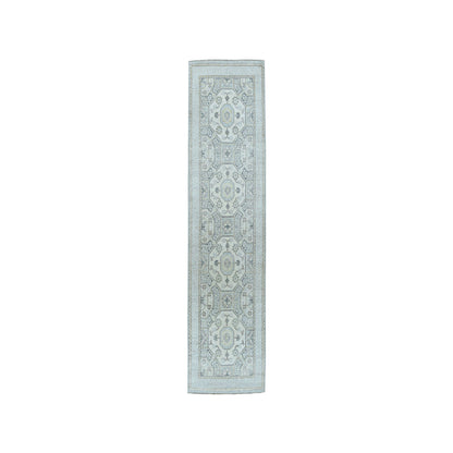 2'9"X9'2" White Wash Peshawar Pure Wool Runner Handmade Oriental Rug