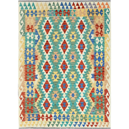 5'X6'8" Sapphire Blue Flat Weave Afghan Kilim Pure Wool Hand Woven Rug