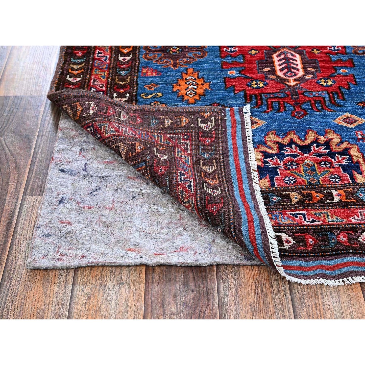 2'10"X4'9" Blue Afghan Caucasian Design Revival Hand Knotted Soft Wool Rug