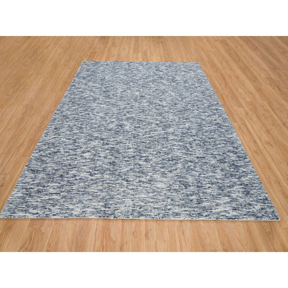 8'1"X10' Blue Hand Loomed Modern Striae Design Pure Wool Rug