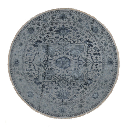 10'X10' Gray Heris Design Wool And Silk Hand Knotted Round Rug