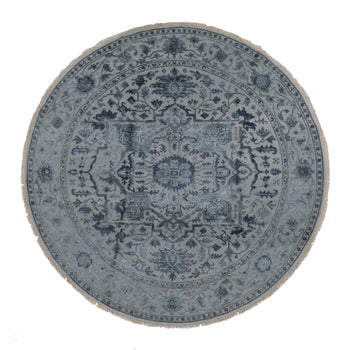 10'X10' Gray Heris Design Wool And Silk Hand Knotted Round Rug