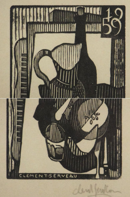 Clment Serveau 1959 Signed Woodcut "Fruits And Wine On Table" French Modernist