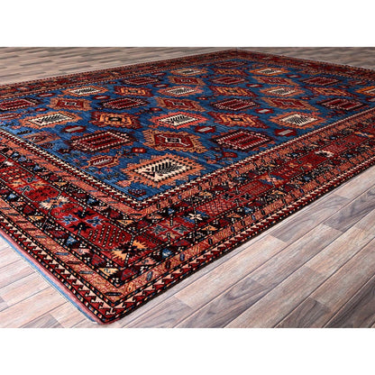 10'X13'6" Blue Afghan Ersari Caucasian Design Revival Hand Knotted Wool Rug