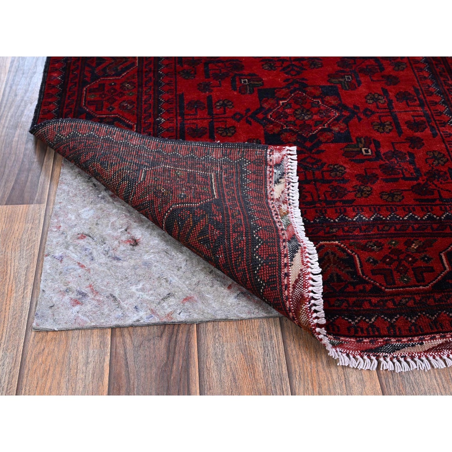 2'9"X3'10" Red Afghan Khamyab Tribal Design Hand Knotted Wool Sample Rug