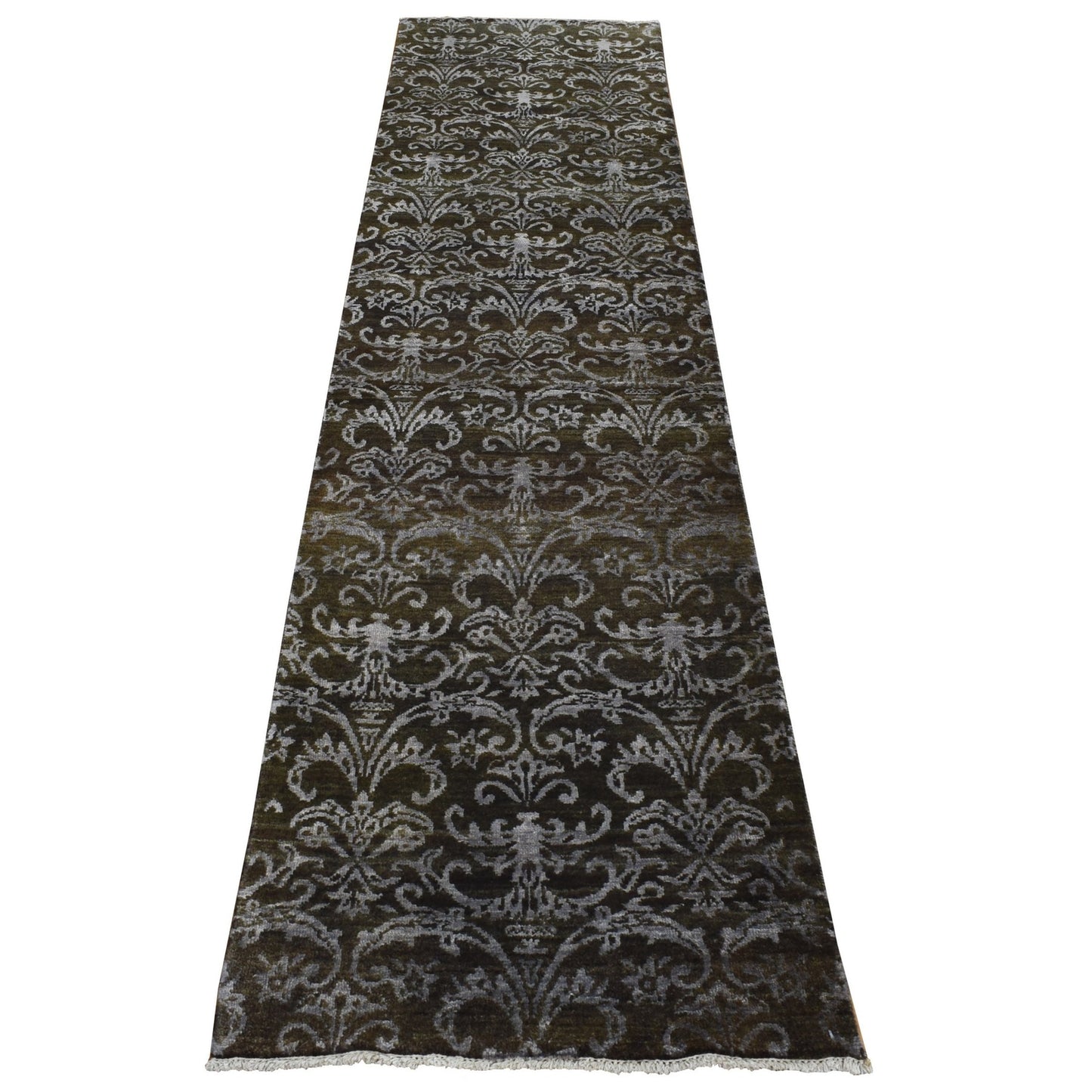 2'4"X9'8" Green Abarasque Motif Design Wool And Silk Handmade Runner Rug