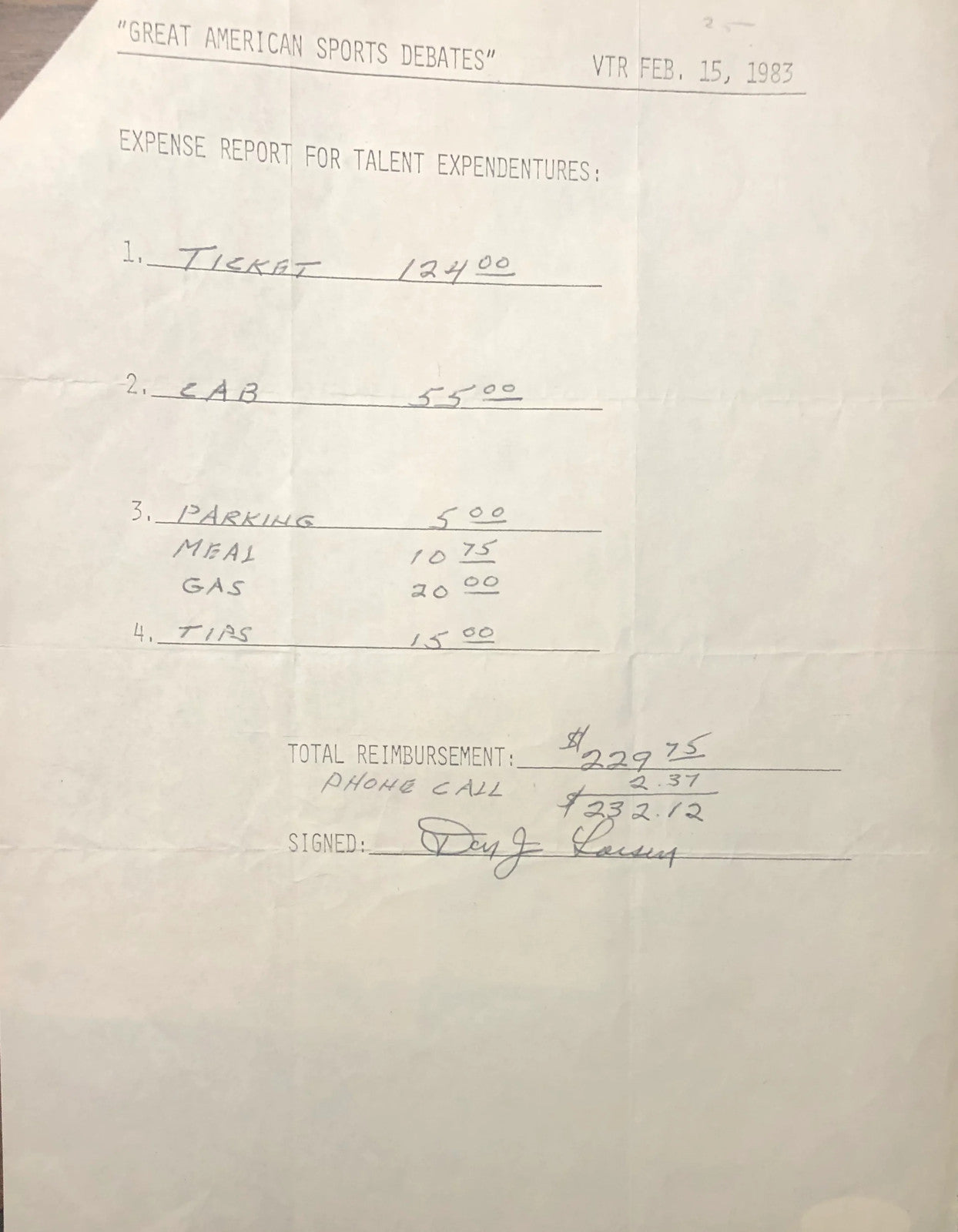 Don Larsen Autographed Expenditures Page (Jsa)