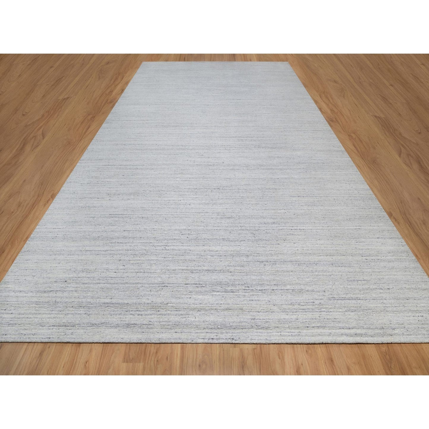 12'X18' White Plain Modern Striae Design Hand Loomed Wool Oversized Rug