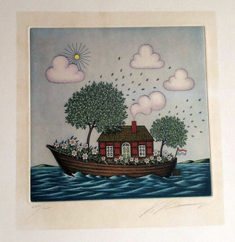 Volker Khn Etching Floating House On Boat Signed 204/300 Framed German Art