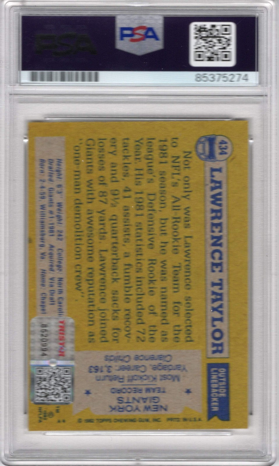 Lawrence Taylor 1982 Topps #434 Psa Auto Grade 10 Card "Hof 99"
