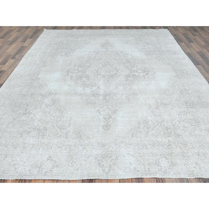 8'10"X12'4" Ivory Hand Knotted Vintage Farsian Tebraz Worn Wool Rug