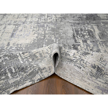 12'X12' Gray Abstract Design Wool And Silk Hand Knotted Square Rug
