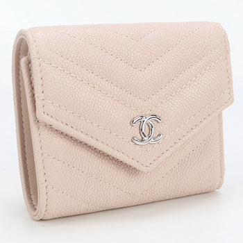 Chanel A84346 Tri-Fold Wallet Chevron V Stitch Small Flap Wallet Leather Pink Women