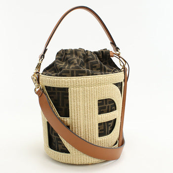 Fendi 8Bt364 Handbag Step Out Medium Bucket Bag Straw,Jacquard Canvas Two-Tone Color(Beige) Women