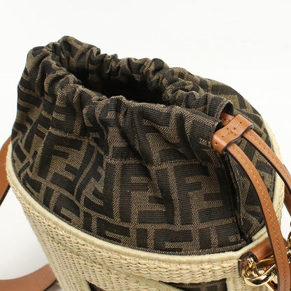 Fendi 8Bt364 Handbag Step Out Medium Bucket Bag Straw,Jacquard Canvas Two-Tone Color(Beige) Women