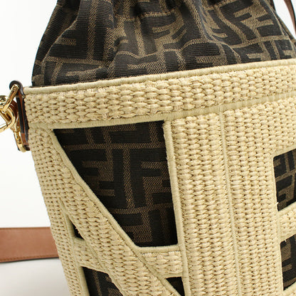 Fendi 8Bt364 Handbag Step Out Medium Bucket Bag Straw,Jacquard Canvas Two-Tone Color(Beige) Women
