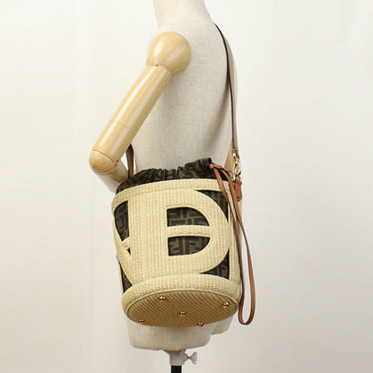 Fendi 8Bt364 Handbag Step Out Medium Bucket Bag Straw,Jacquard Canvas Two-Tone Color(Beige) Women