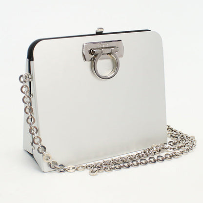 Ferragamo 21 6717 Chainshoulder Bag Gancini Diagonal Aluminum White Silver Women