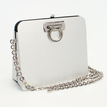 Ferragamo 21 6717 Chainshoulder Bag Gancini Diagonal Aluminum White Silver Women