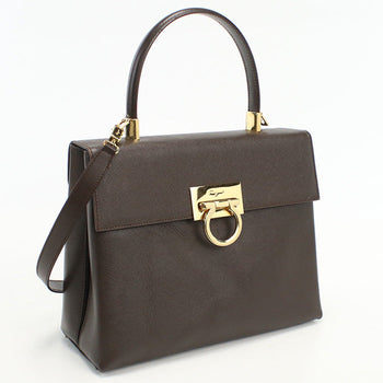 Ferragamo 21 0290 2Way Handbag Gancini Shoulder Bag Calfskin Brown Women