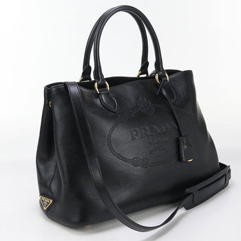Prada 1Ba579 Tote Bag Embossed Logo 2Way Handbag Leather Black Women(Unisex)