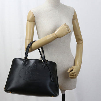 Prada 1Ba579 Tote Bag Embossed Logo 2Way Handbag Leather Black Women(Unisex)